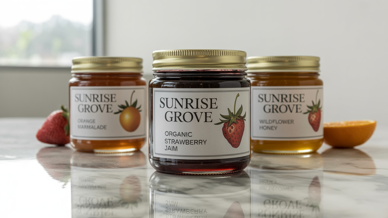 Three glass jars of jam and honey with professionally designed labels, sitting on a white marble countertop in a bright, clean setting, showcasing a beautiful final product.