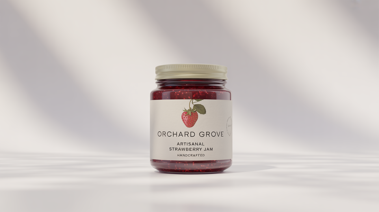 A photorealistic mockup of a glass jar of artisanal strawberry jam with a custom label that reads 'Orchard Grove Artisanal Strawberry Jam', set against a clean white background.