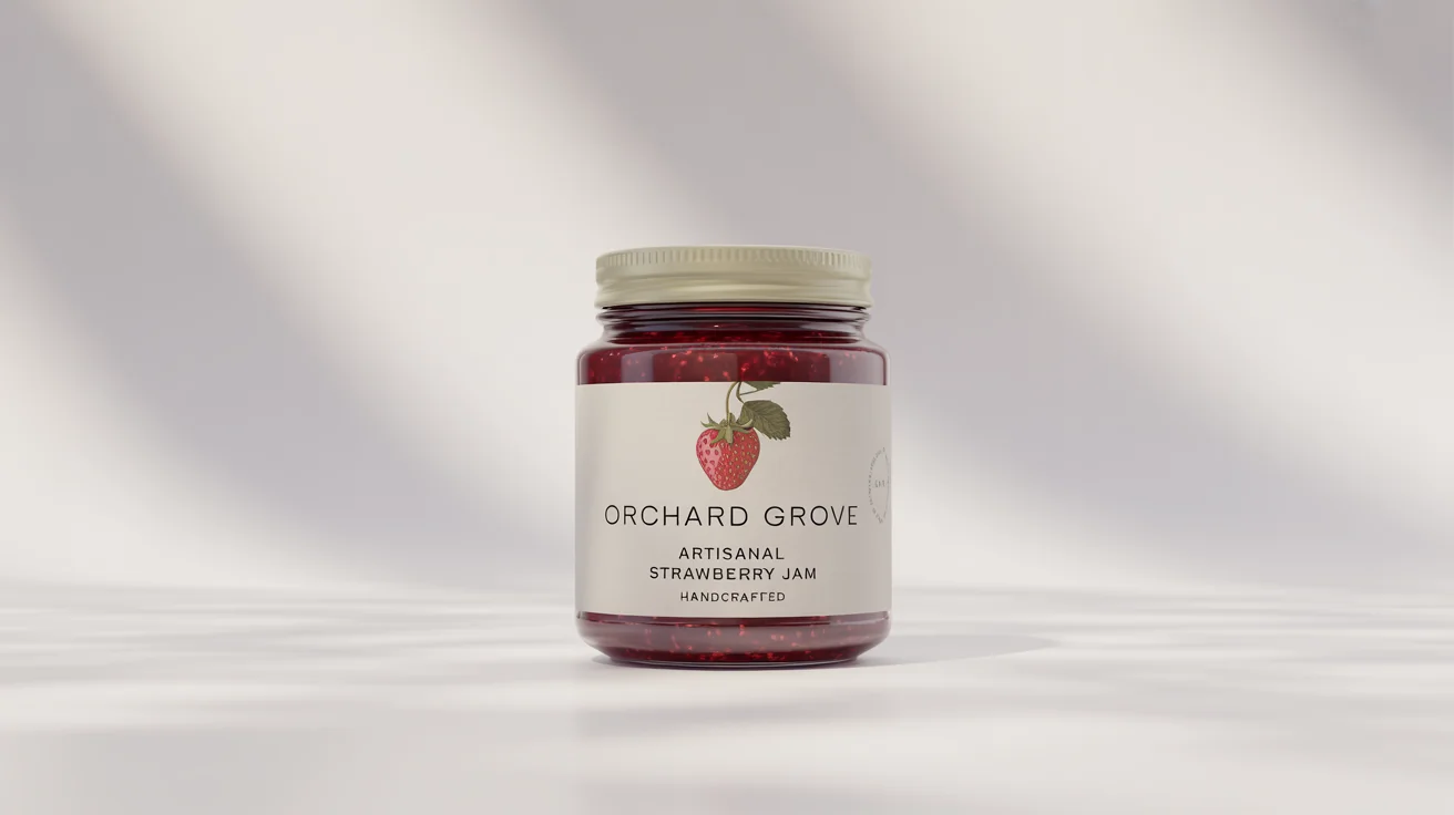 A photorealistic mockup of a glass jar of artisanal strawberry jam with a custom label that reads 'Orchard Grove Artisanal Strawberry Jam', set against a clean white background.