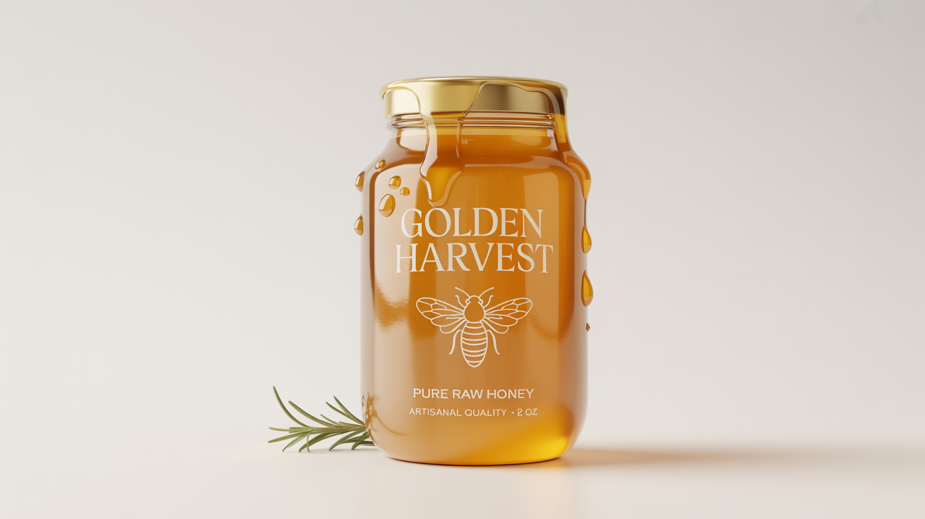 A photorealistic mockup of a glass jar of honey with a custom-designed artisanal label that reads 'Golden Harvest Pure Raw Honey'. The jar is set against a clean white background.