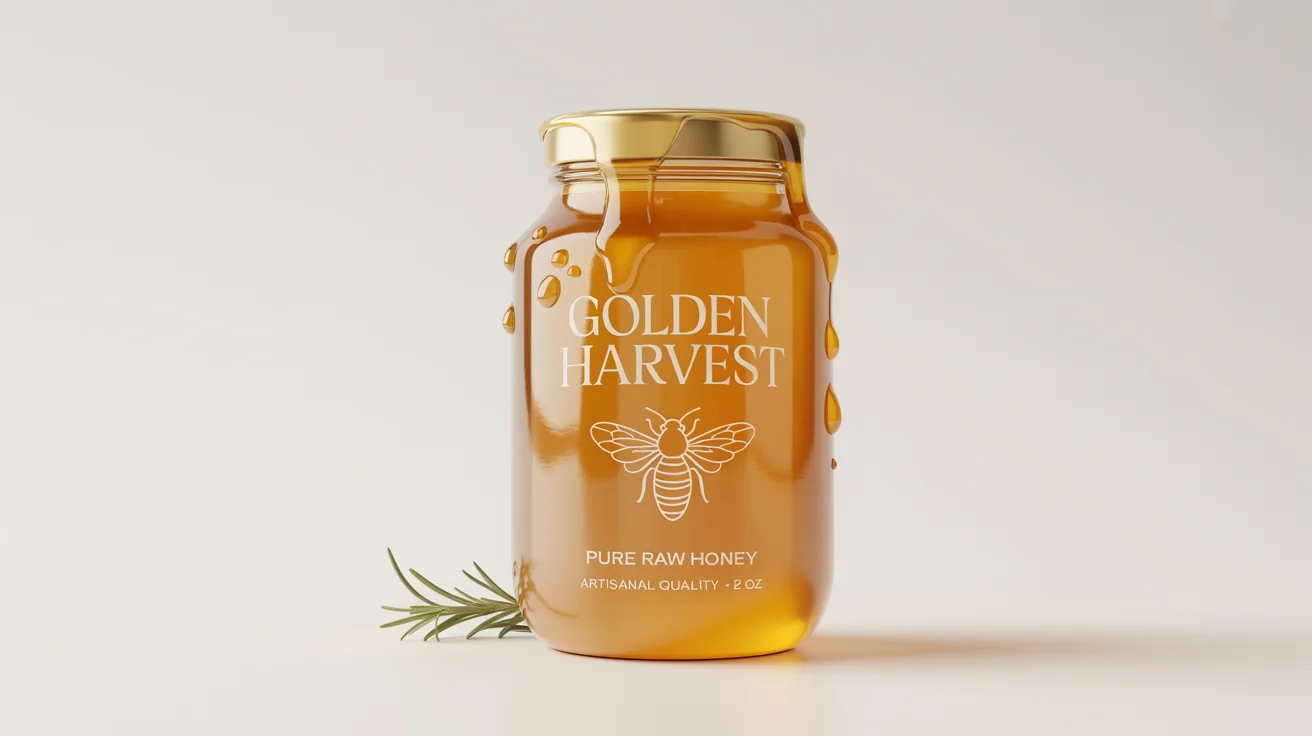 A photorealistic mockup of a glass jar of honey with a custom-designed artisanal label that reads 'Golden Harvest Pure Raw Honey'. The jar is set against a clean white background.