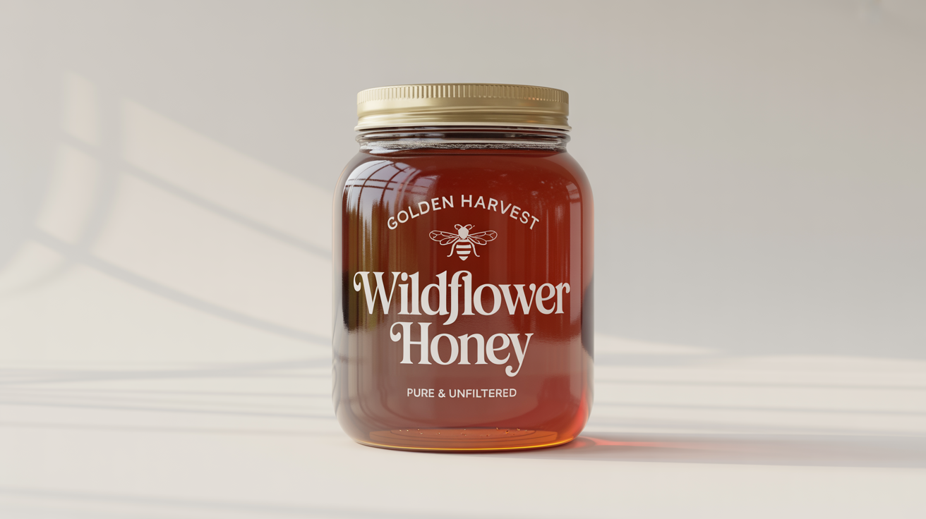 A photorealistic mockup of a glass jar of 'Golden Harvest' 'Wildflower Honey' with a custom-designed label, set against a clean white background.