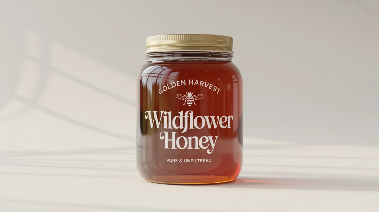 A photorealistic mockup of a glass jar of 'Golden Harvest' 'Wildflower Honey' with a custom-designed label, set against a clean white background.