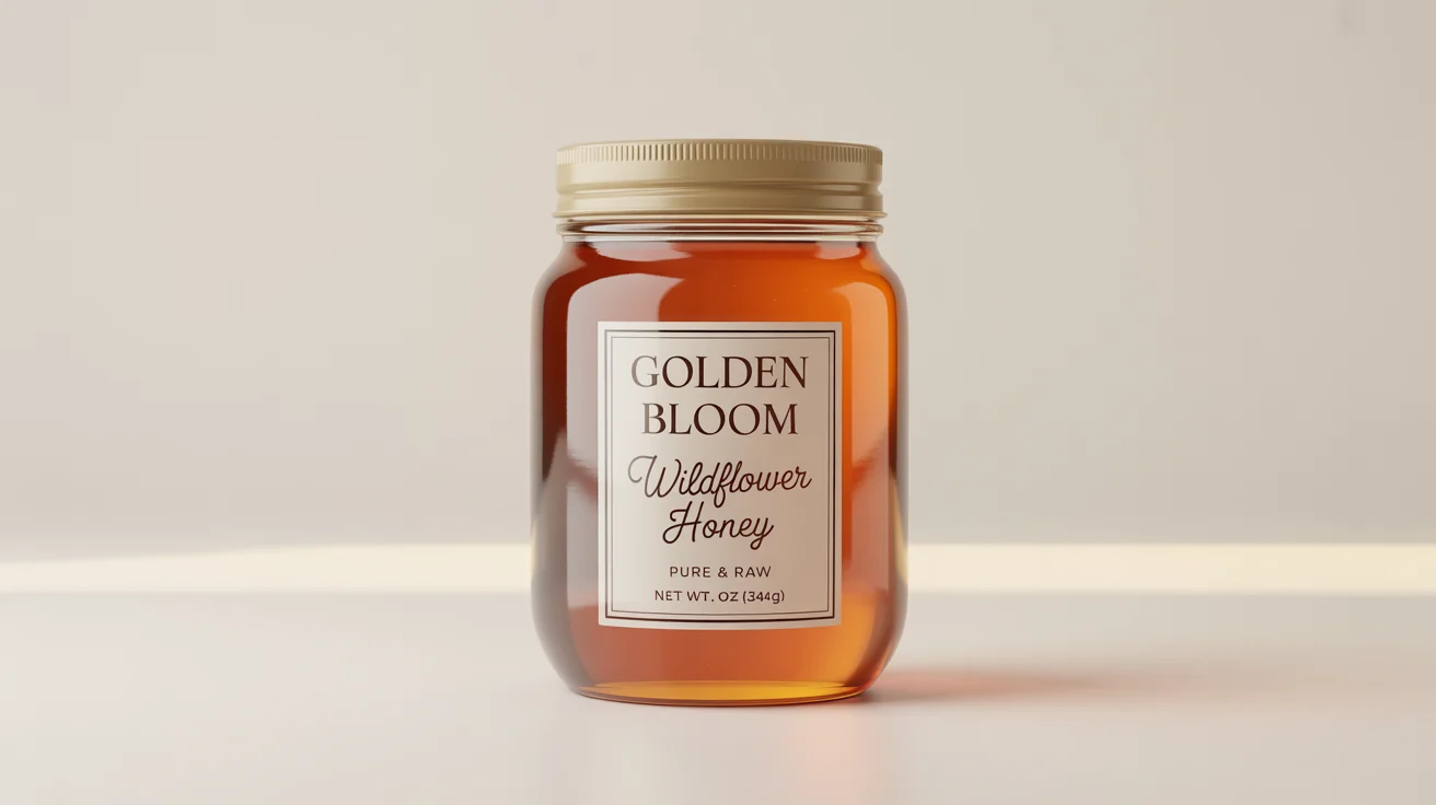 A photorealistic mockup of a glass jar of 'Golden Bloom Wildflower Honey', featuring a minimalist and elegant paper label, presented against a clean white background.