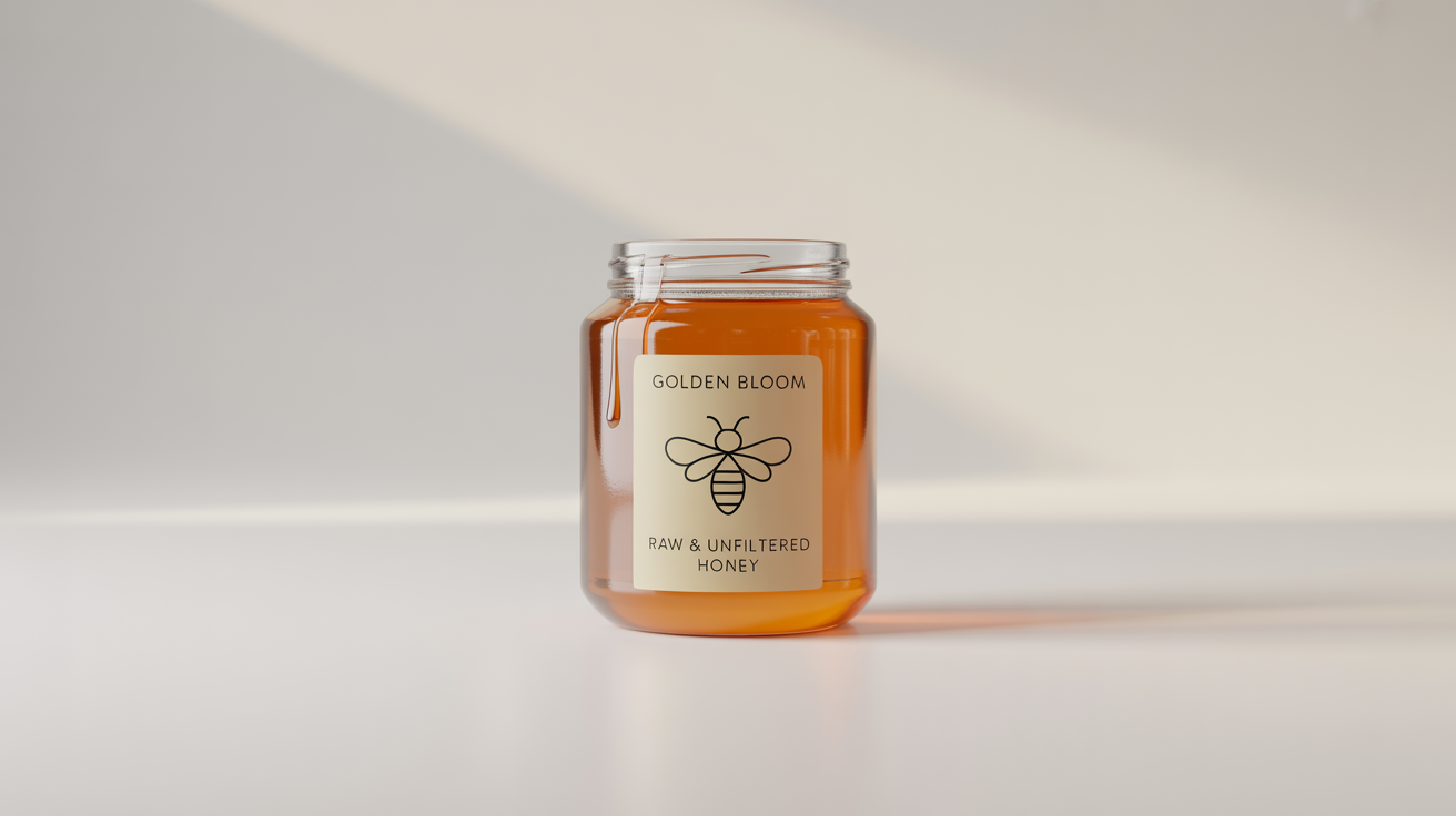 A photorealistic mockup of a glass jar of golden honey with a custom-designed label that reads 'Golden Bloom Raw & Unfiltered Honey', set against a clean white background.
