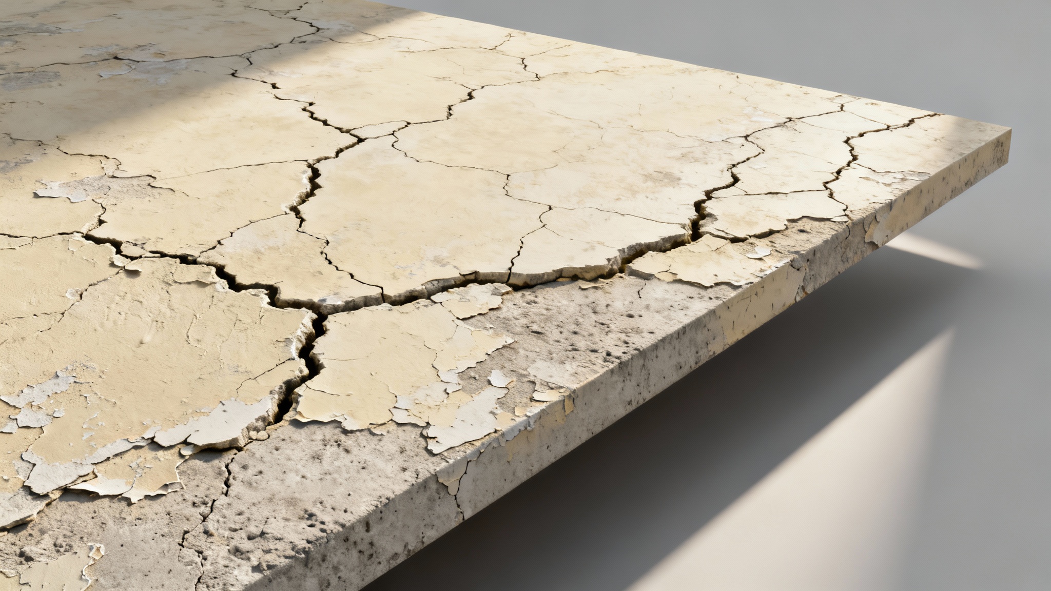 A high-resolution, photorealistic digital texture of a cracked beige wall, displayed on a flat plane in a studio setting to showcase its detail and seamless quality.