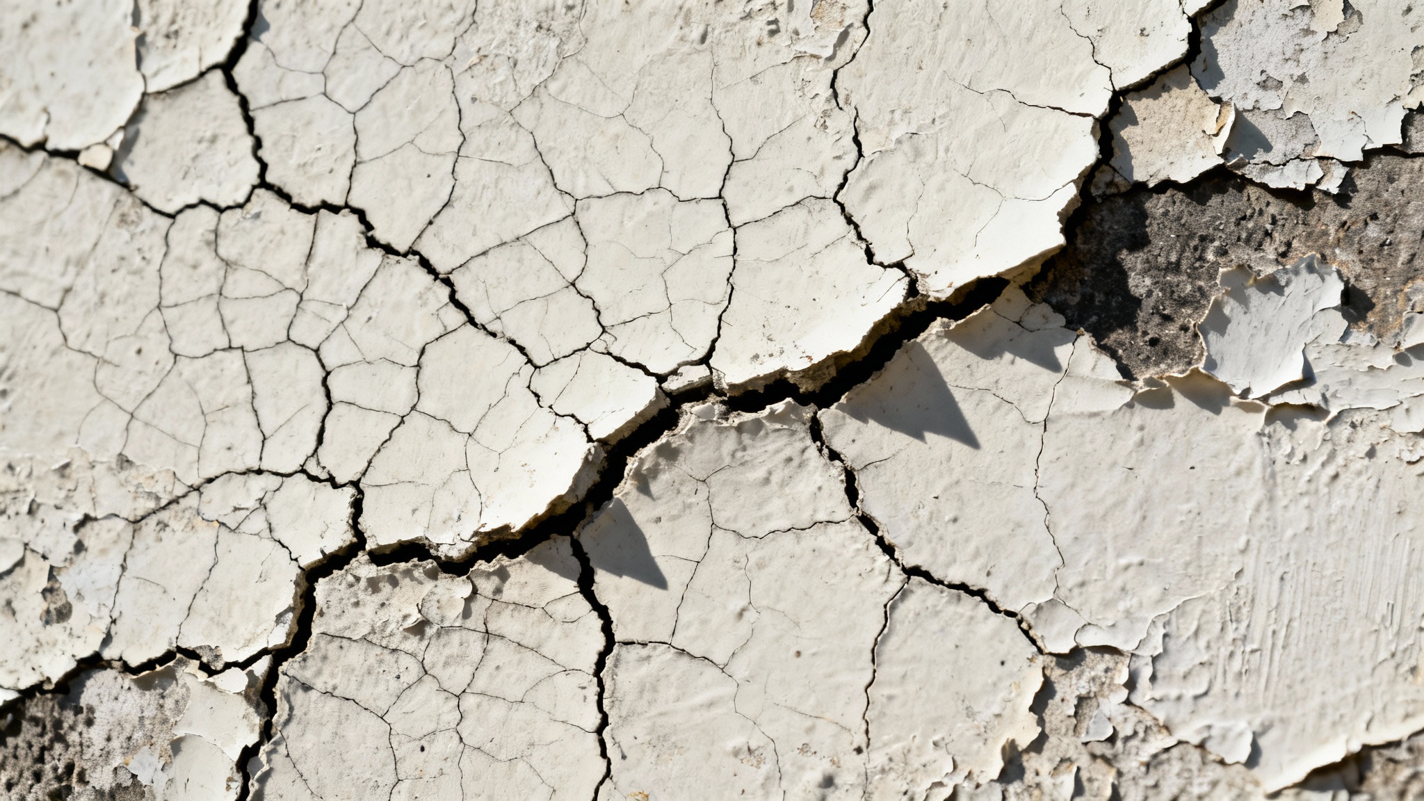 A detailed, close-up photograph of a cracked white wall, with dramatic side lighting emphasizing the intricate texture of the fissures and cracks.
