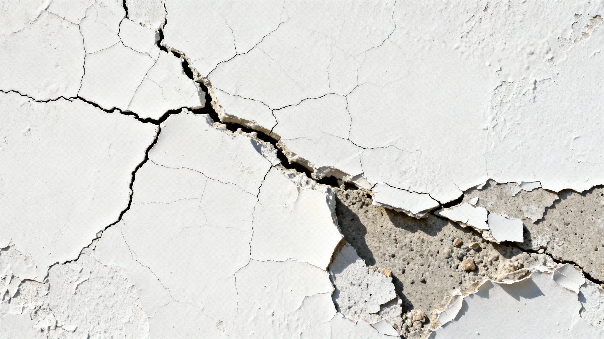 A hyper-realistic, close-up photograph of a cracked white wall texture, with fine and deep fissures highlighted by dramatic side lighting against a plain white background.