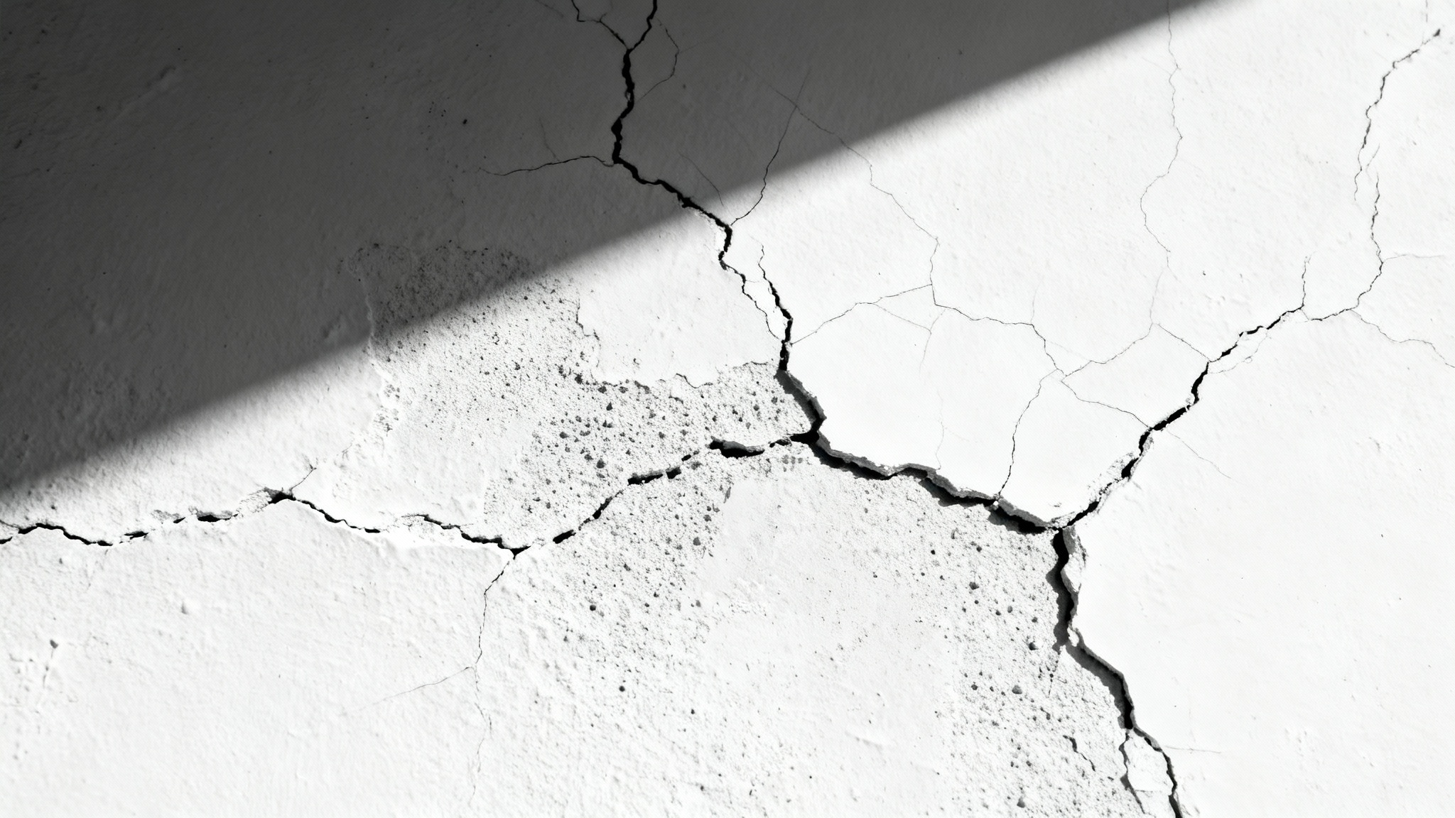 A photorealistic, detailed close-up of a cracked white wall texture, with sharp lighting highlighting the depth and pattern of the cracks against a plain white background.