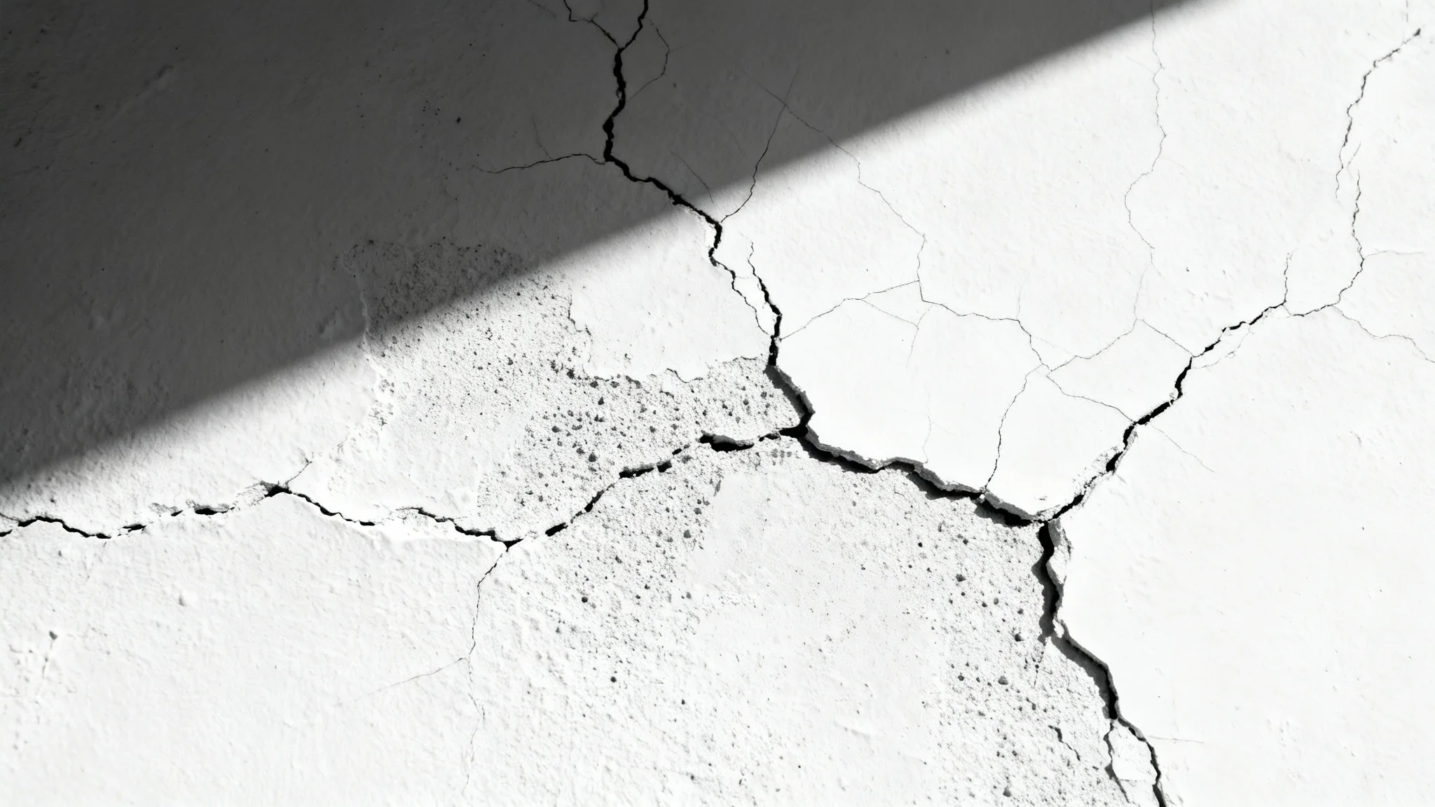 A photorealistic, detailed close-up of a cracked white wall texture, with sharp lighting highlighting the depth and pattern of the cracks against a plain white background.