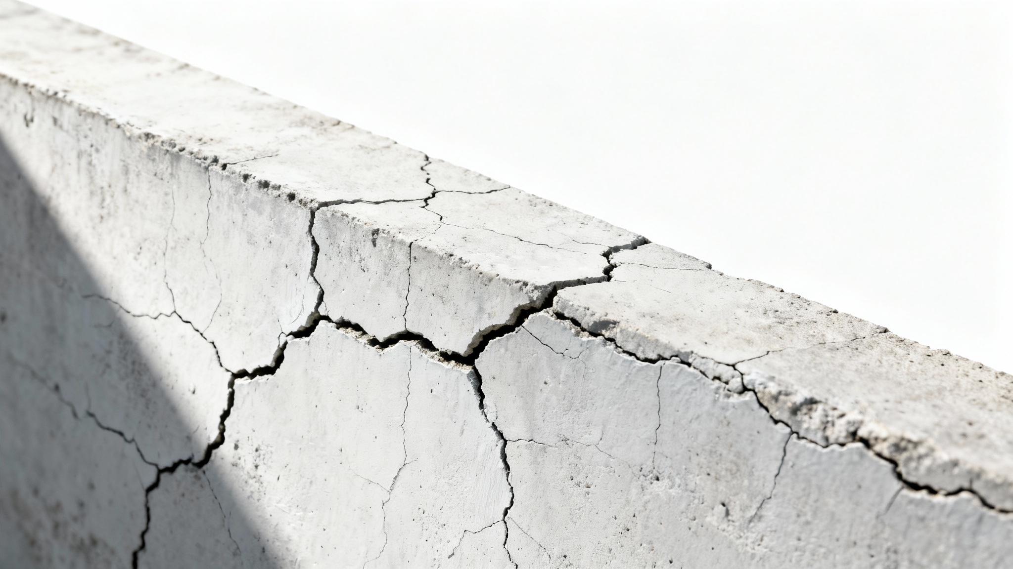 A detailed close-up photo of an old concrete wall with a web of fine cracks, showcasing a rough and weathered texture against a white background.