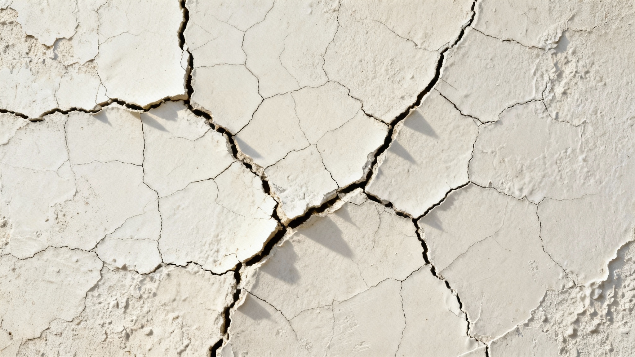 A detailed, high-resolution close-up of a white wall texture with intricate cracks of various sizes creating an abstract pattern.