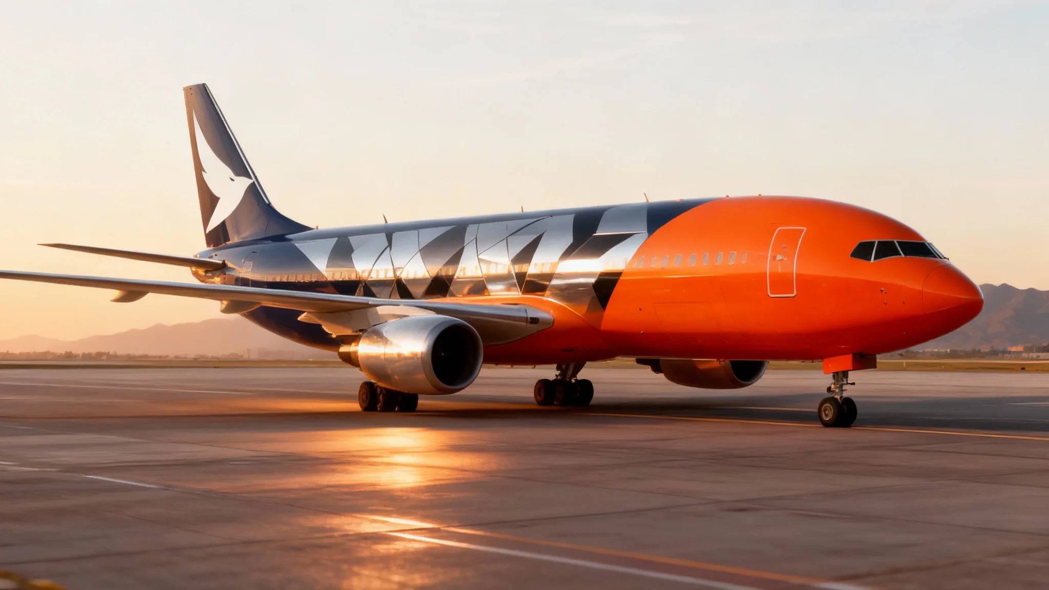 A modern jet aircraft with a custom blue-to-orange gradient livery design and a white logo on its tail, parked on an airport tarmac during a beautiful sunrise, showcasing a professional aircraft design.