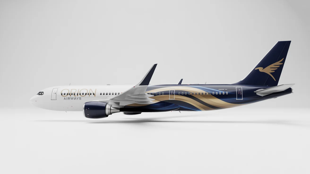 A photorealistic mockup of a passenger airplane with a custom livery design for the fictional 'Orion Airways', featuring gold and navy blue colors against a white background.