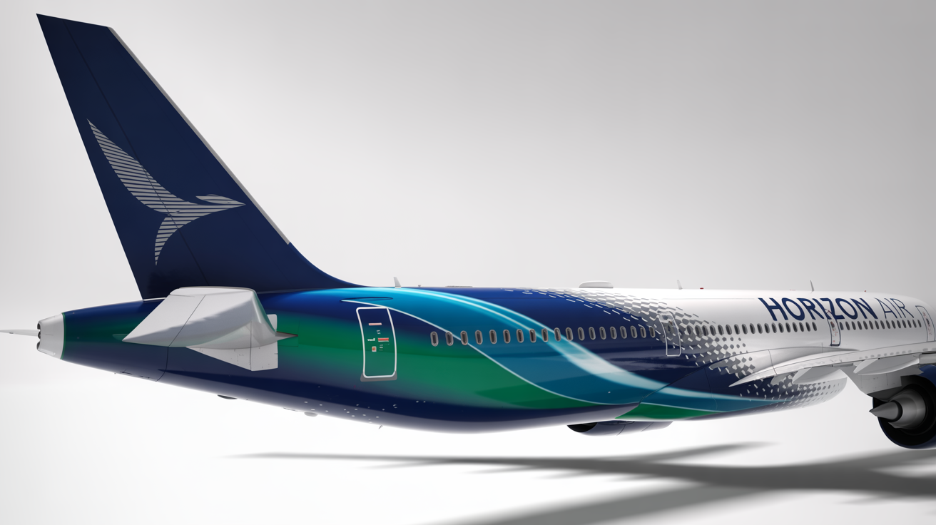A modern passenger airplane with a custom livery design for the fictional airline 'HORIZON AIR', featuring a blue and teal wave pattern with silver accents, displayed against a plain white background.