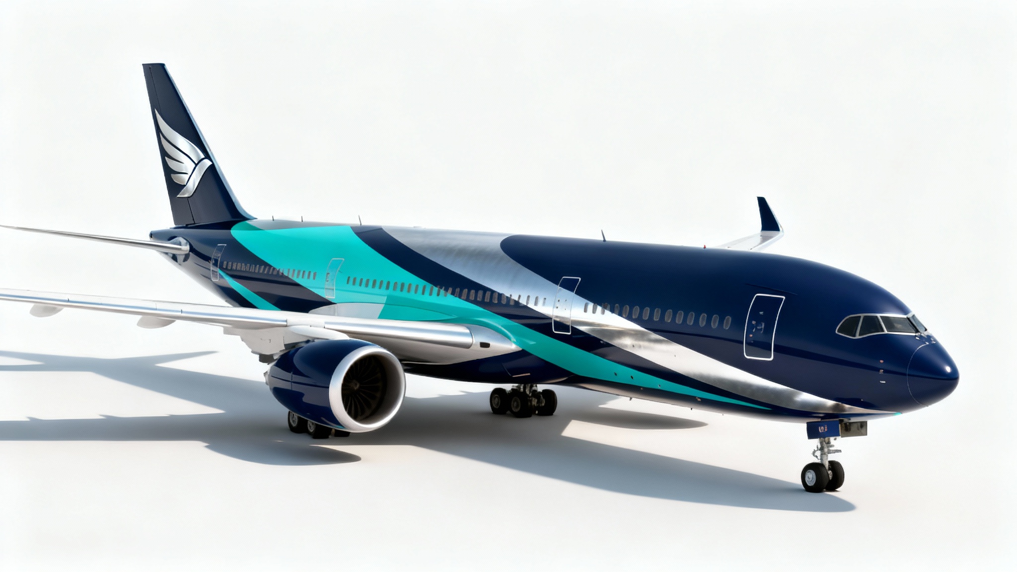 A photorealistic mockup of a modern passenger jet with a custom navy blue, teal, and silver geometric livery, set against a clean white background.