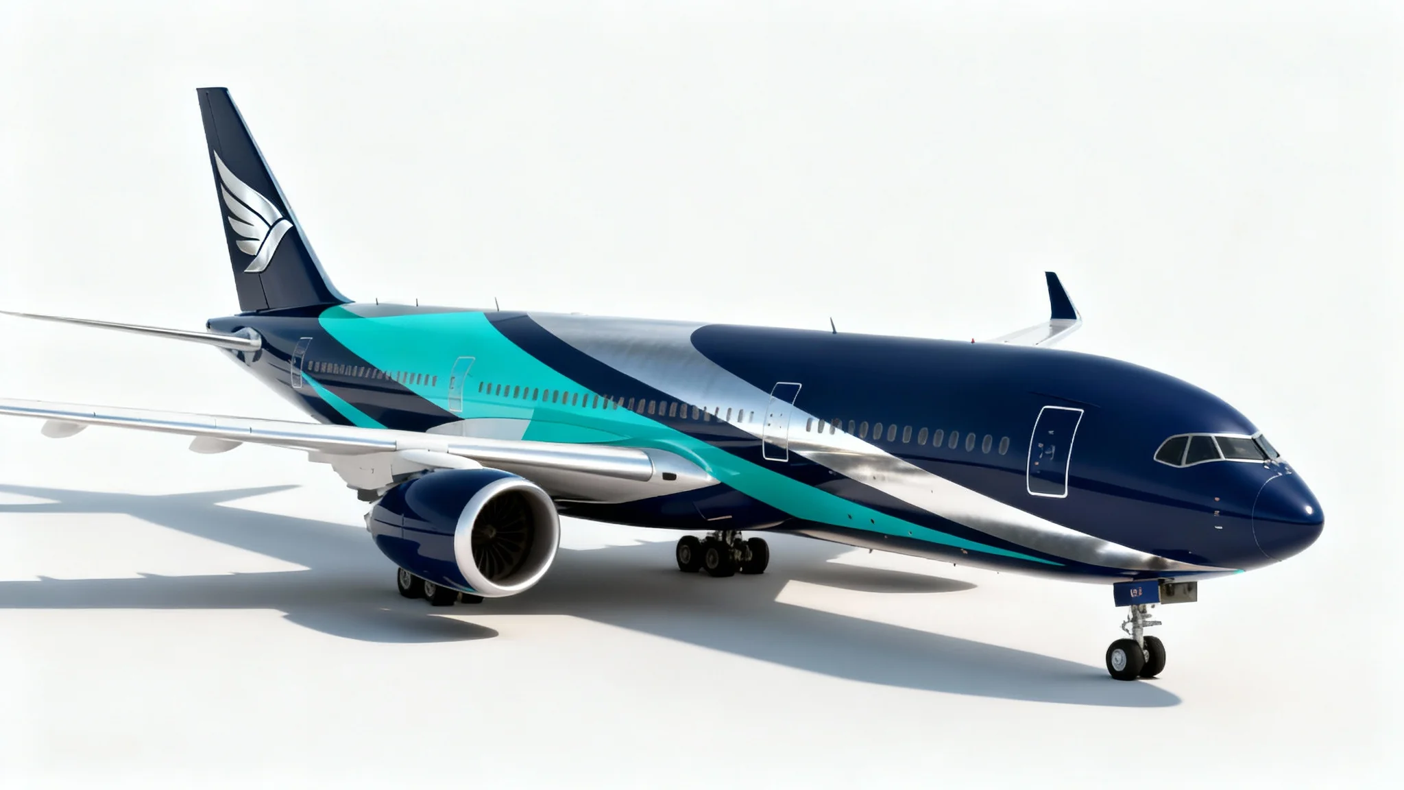 A photorealistic mockup of a modern passenger jet with a custom navy blue, teal, and silver geometric livery, set against a clean white background.