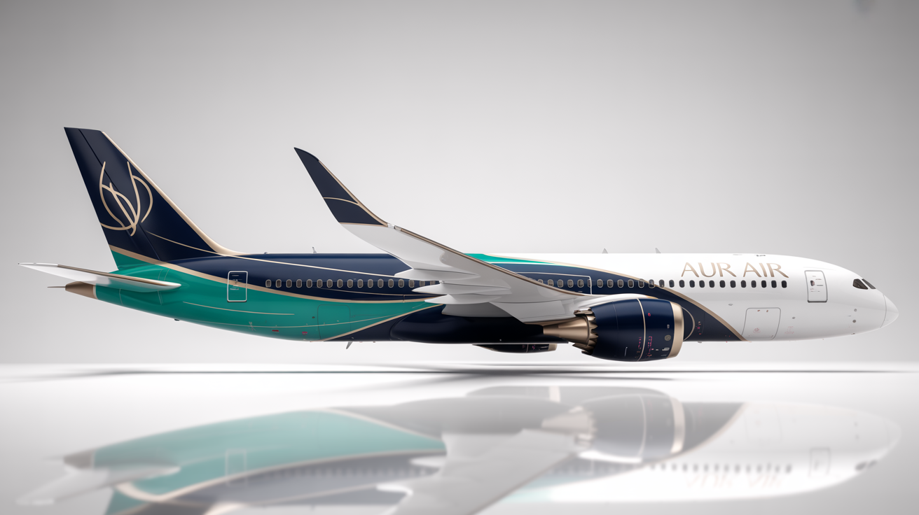 A professional mockup of a modern passenger jet with a custom livery. The design features navy blue, teal, and gold abstract patterns, with the fictional airline name 'AURA AIR' in gold on the side, all shown against a clean white background.
