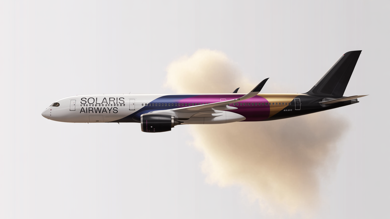 A photorealistic mockup of a modern airplane with a custom livery design for the fictional 'SOLARIS AIRWAYS'. The design features a colorful blue, magenta, and gold ribbon against a white fuselage, all set against a plain white background.