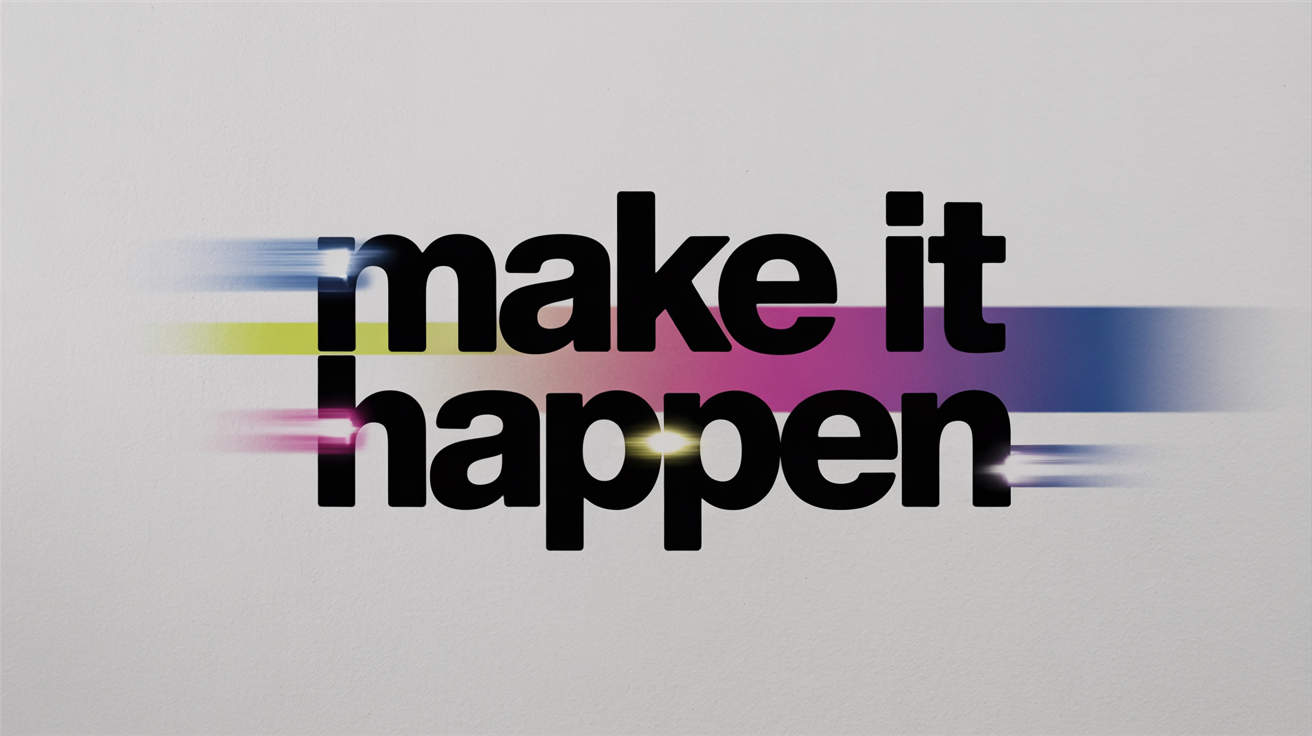 A still frame from a professional kinetic typography video showing the words "MAKE IT HAPPEN" in bold, colorful letters, dynamically arranged against a vibrant blue and magenta gradient background with light effects.