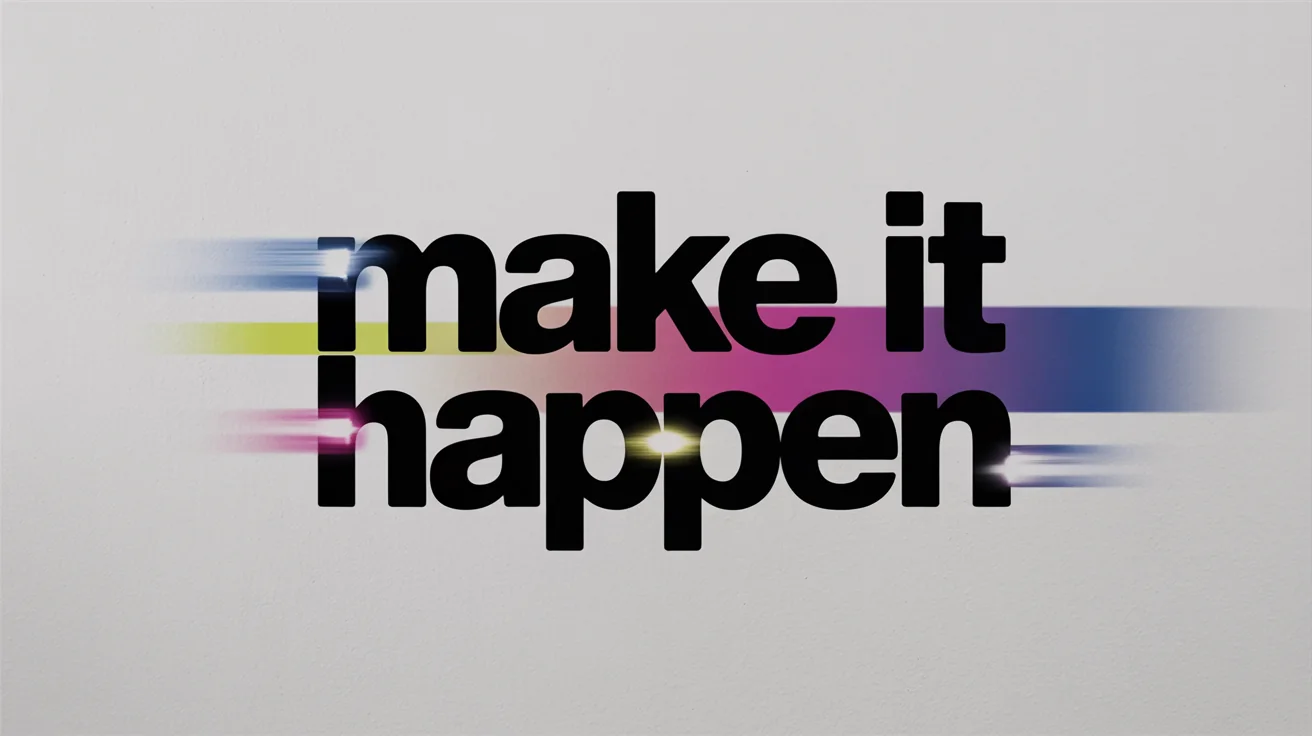 A still frame from a professional kinetic typography video showing the words "MAKE IT HAPPEN" in bold, colorful letters, dynamically arranged against a vibrant blue and magenta gradient background with light effects.