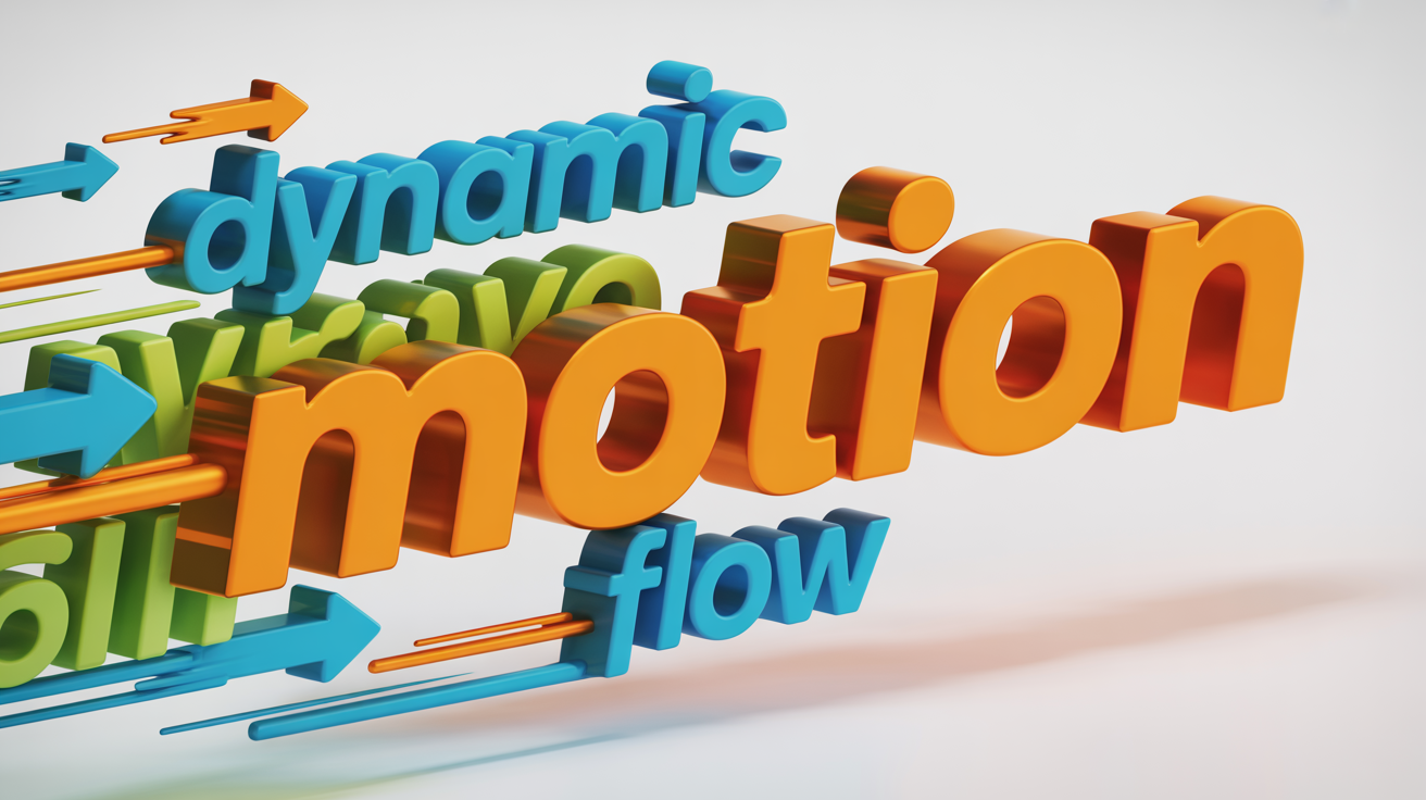 A dynamic 3D rendering of kinetic typography, featuring the words 'MOTION', 'DYNAMIC', and 'FLOW' in vibrant colors exploding outwards against a clean white background, symbolizing animated text.