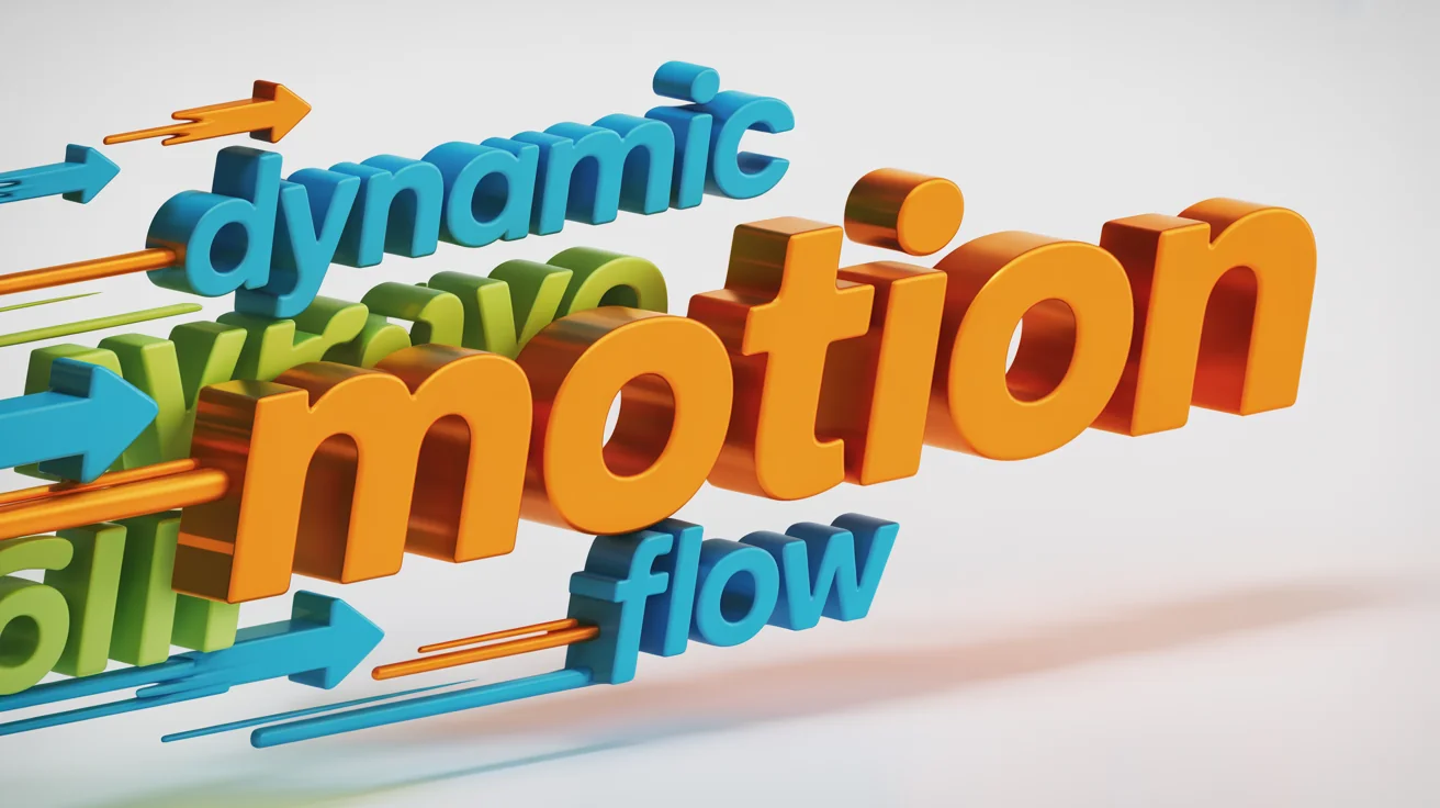 A dynamic 3D rendering of kinetic typography, featuring the words 'MOTION', 'DYNAMIC', and 'FLOW' in vibrant colors exploding outwards against a clean white background, symbolizing animated text.