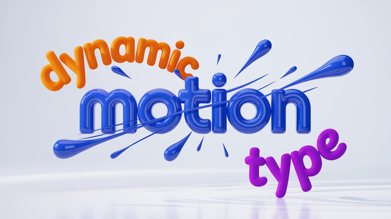A 3D graphic design mockup representing kinetic typography. The word 'MOTION' in blue explodes outwards, surrounded by smaller, swirling words 'DYNAMIC' and 'TYPE' in orange and purple, all against a white background, conveying a sense of energy and movement.