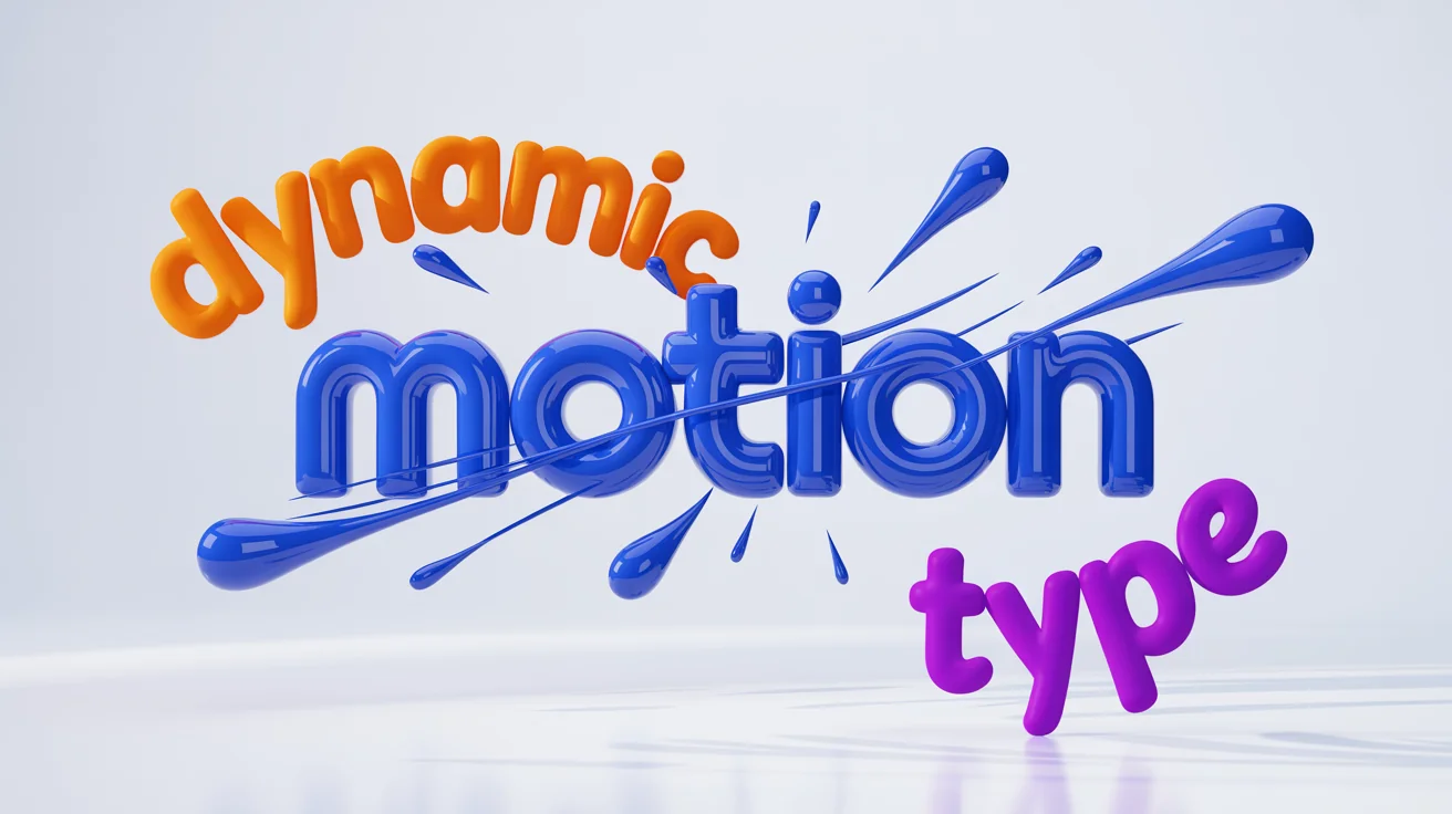 A 3D graphic design mockup representing kinetic typography. The word 'MOTION' in blue explodes outwards, surrounded by smaller, swirling words 'DYNAMIC' and 'TYPE' in orange and purple, all against a white background, conveying a sense of energy and movement.