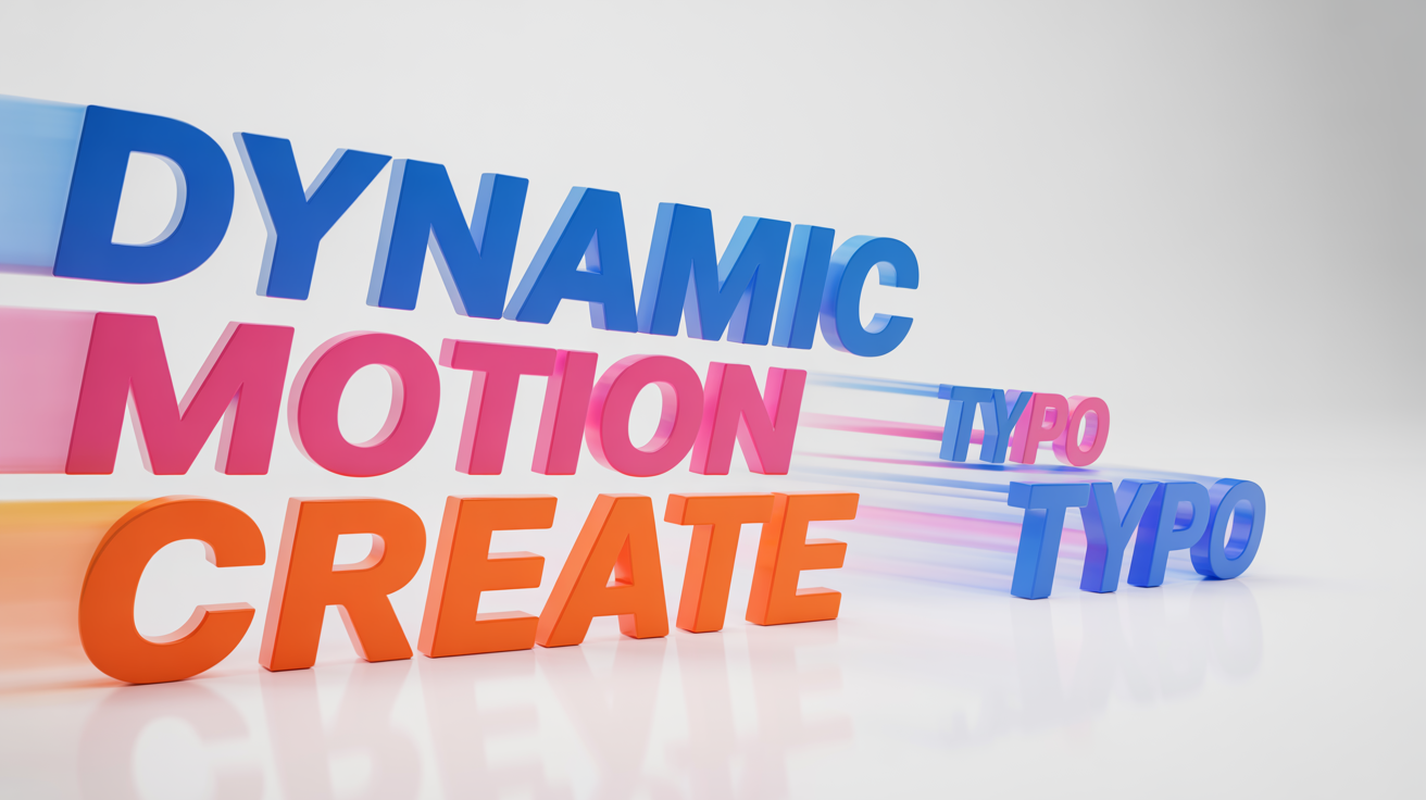 A dynamic 3D rendering of the words 'DYNAMIC', 'MOTION', and 'CREATE' in vibrant colors, appearing to fly and move against a clean white background, representing the concept of kinetic typography.