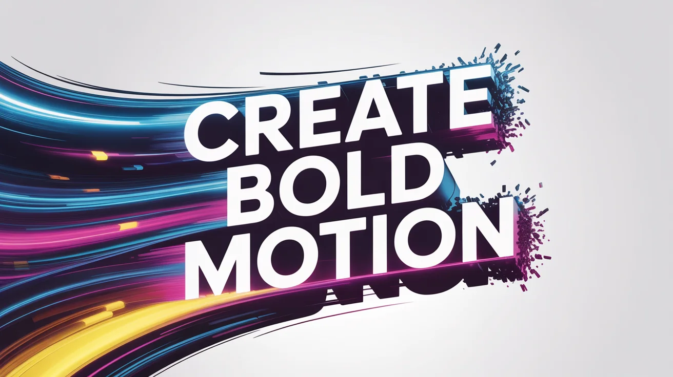 A dynamic mockup representing kinetic typography, featuring the words 'CREATE BOLD MOTION' in bold type, exploding with colorful motion trails against a plain white background.