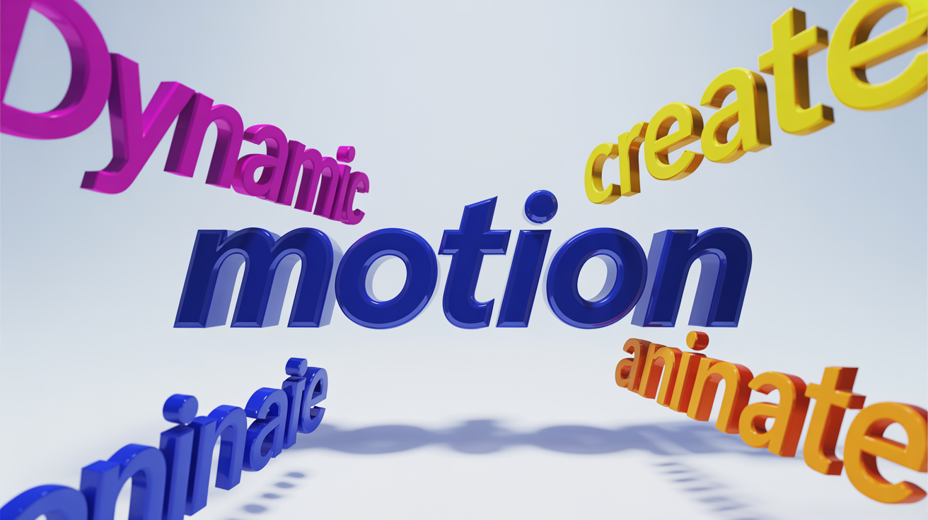 A dynamic 3D rendering of kinetic typography on a white background. The word 'MOTION' in blue is featured centrally, with smaller, colorful words like 'DYNAMIC' and 'CREATE' exploding outwards to signify movement and animation.