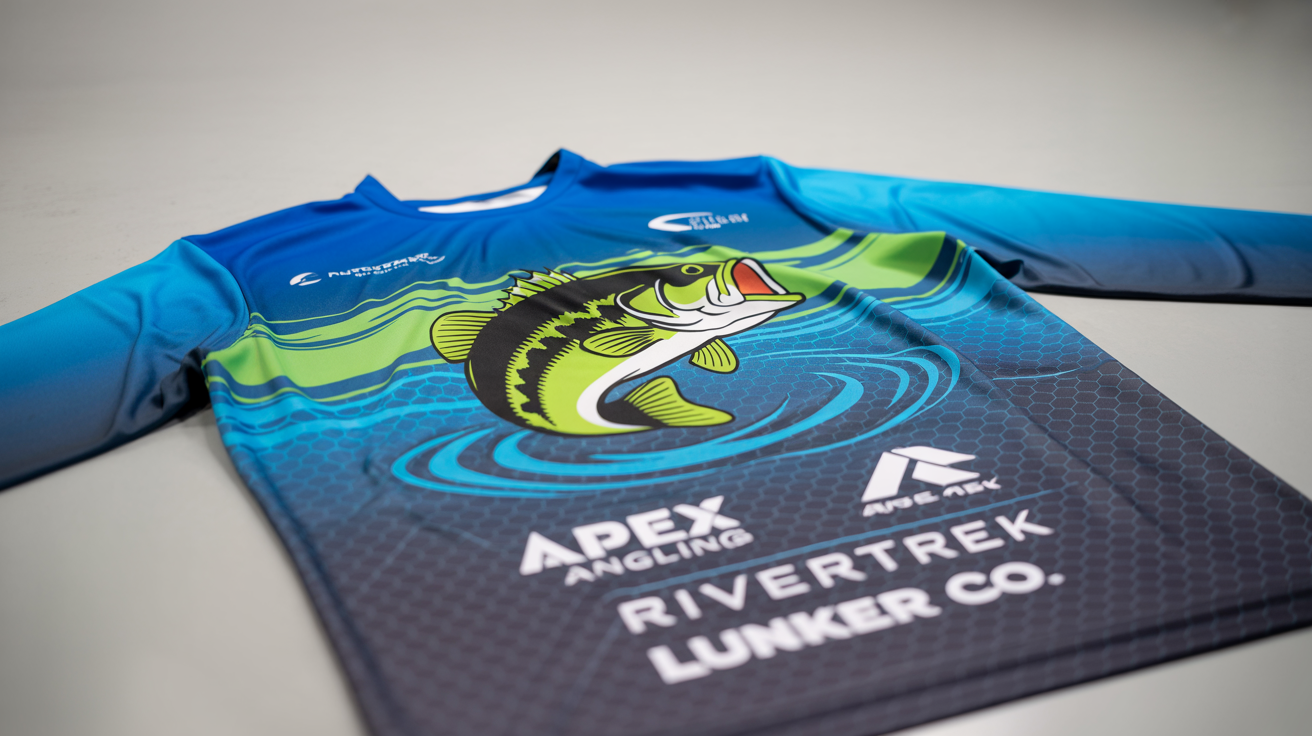 A finished, custom-designed fishing jersey with a vibrant graphic of a bass and fictional sponsor logos, displayed in a professional flat lay.