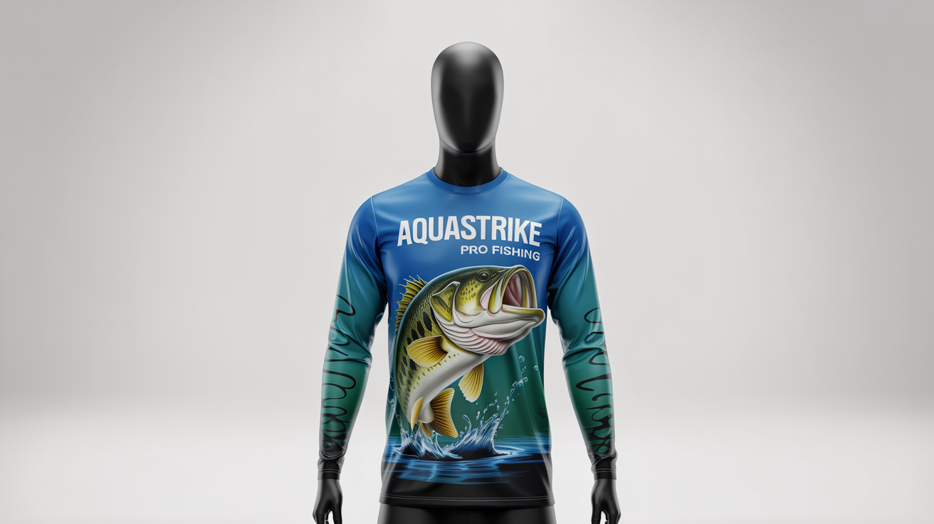 A professional mockup of a long-sleeved fishing jersey on a white background, featuring a vibrant design of a jumping largemouth bass and the text 'AquaStrike Pro Fishing'.