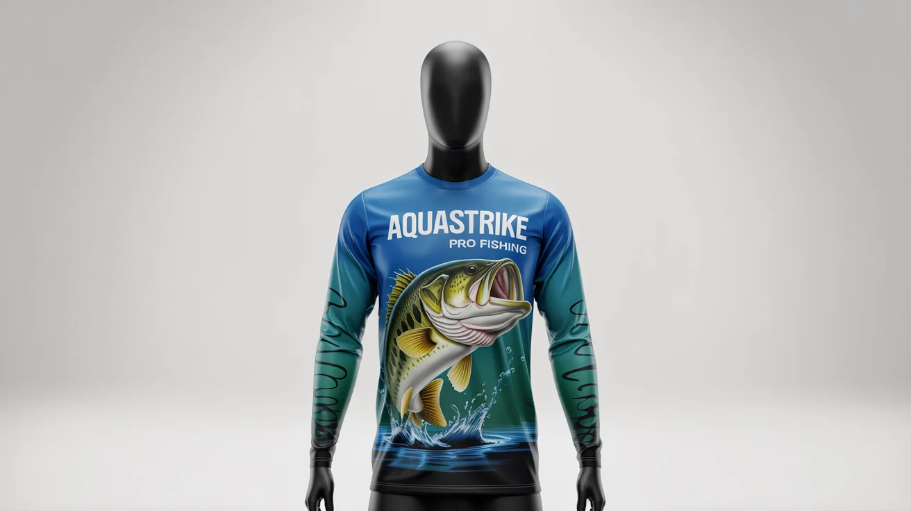A professional mockup of a long-sleeved fishing jersey on a white background, featuring a vibrant design of a jumping largemouth bass and the text 'AquaStrike Pro Fishing'.