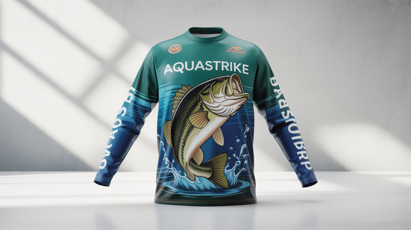 A photorealistic mockup of a custom long-sleeve fishing jersey with a vibrant design of a largemouth bass jumping out of the water, displayed on a clean white background.