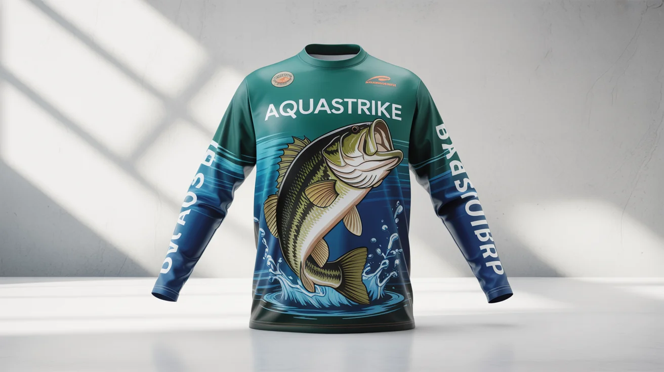 A photorealistic mockup of a custom long-sleeve fishing jersey with a vibrant design of a largemouth bass jumping out of the water, displayed on a clean white background.