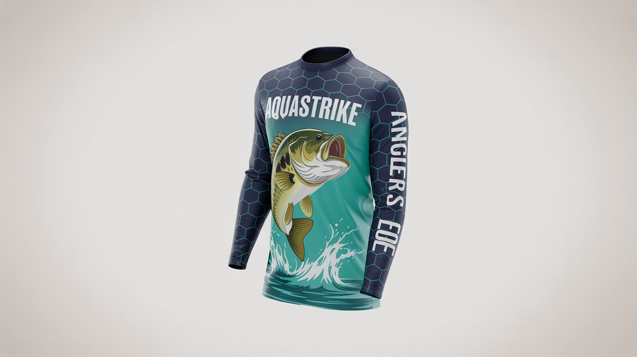 A photorealistic mockup of a long-sleeved fishing jersey with a vibrant design of a largemouth bass jumping from water, displayed on a white background. The jersey includes the brand name 'AquaStrike'.