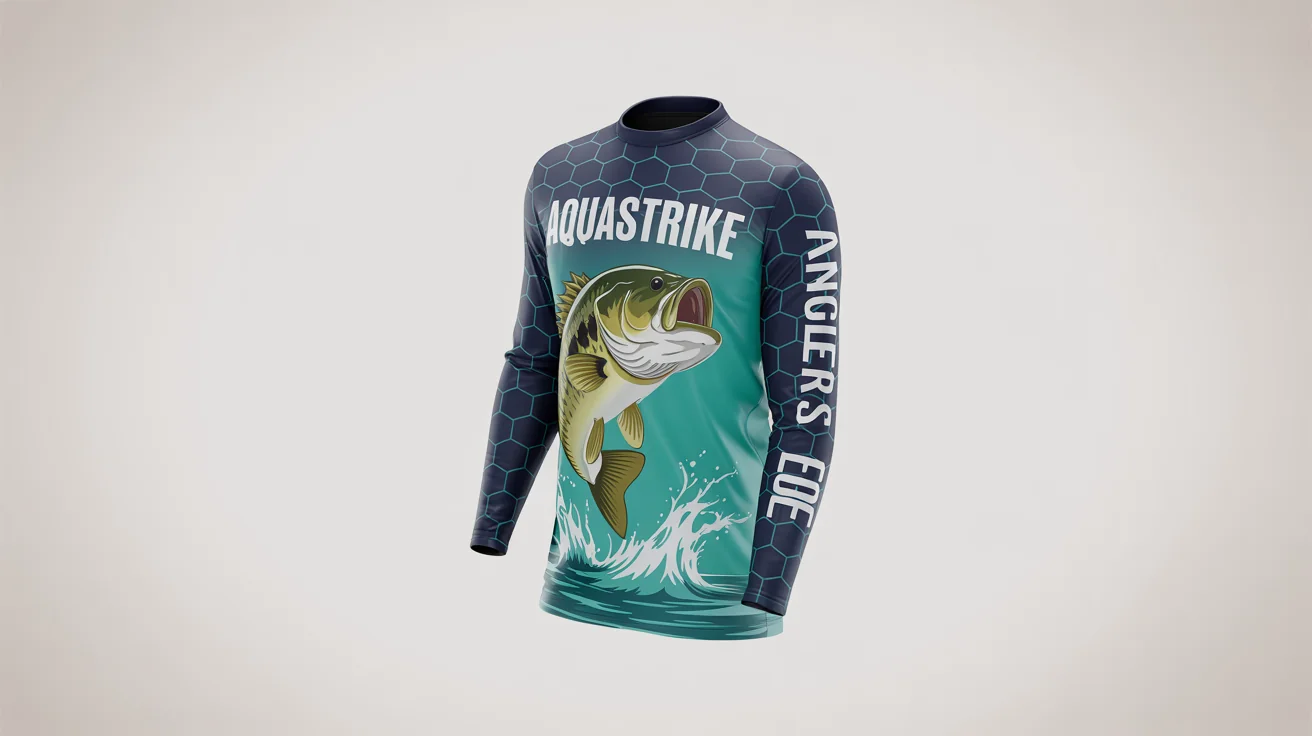 A photorealistic mockup of a long-sleeved fishing jersey with a vibrant design of a largemouth bass jumping from water, displayed on a white background. The jersey includes the brand name 'AquaStrike'.