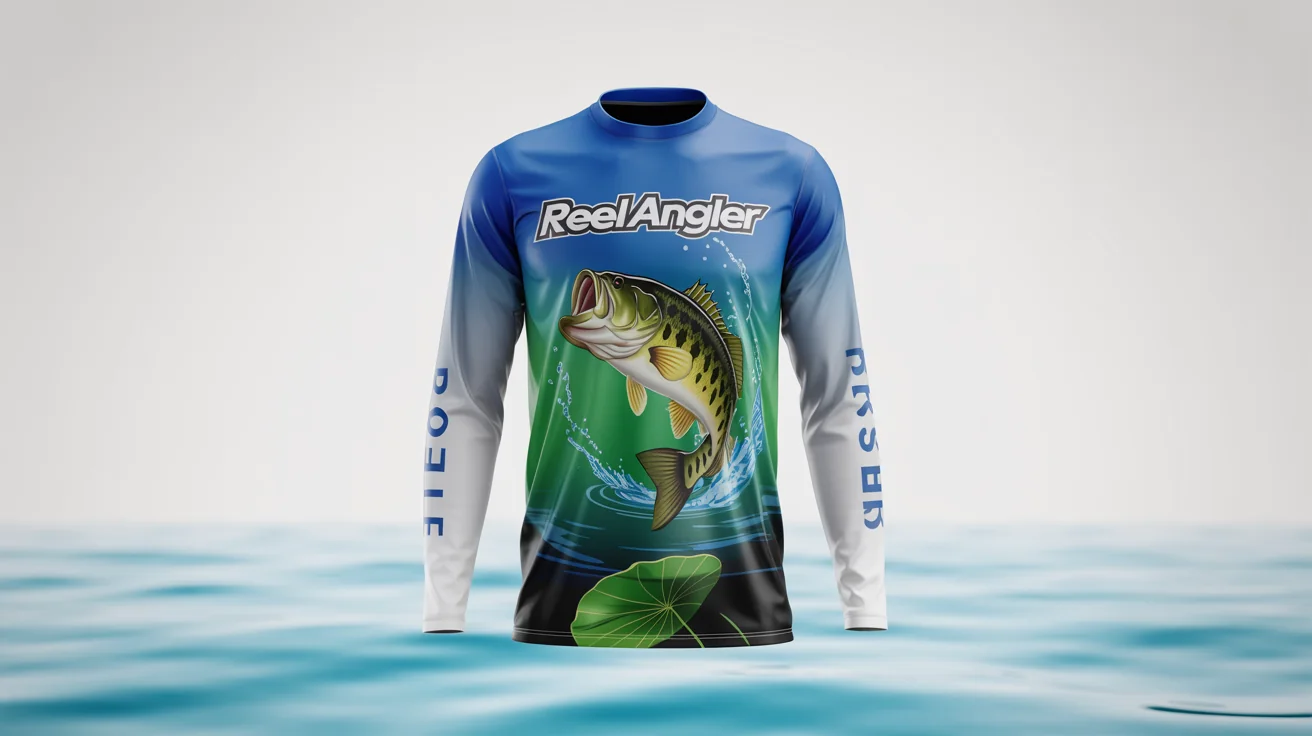 A long-sleeved performance fishing jersey with a vibrant design of a largemouth bass jumping out of the water, displayed on a ghost mannequin against a white background.