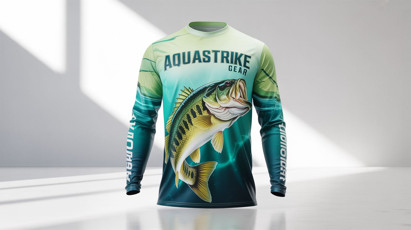 A mockup of a long-sleeved fishing jersey on a white background, featuring a colorful and detailed design of a bass jumping out of the water and the fictional brand name 'AquaStrike Gear' on the chest.