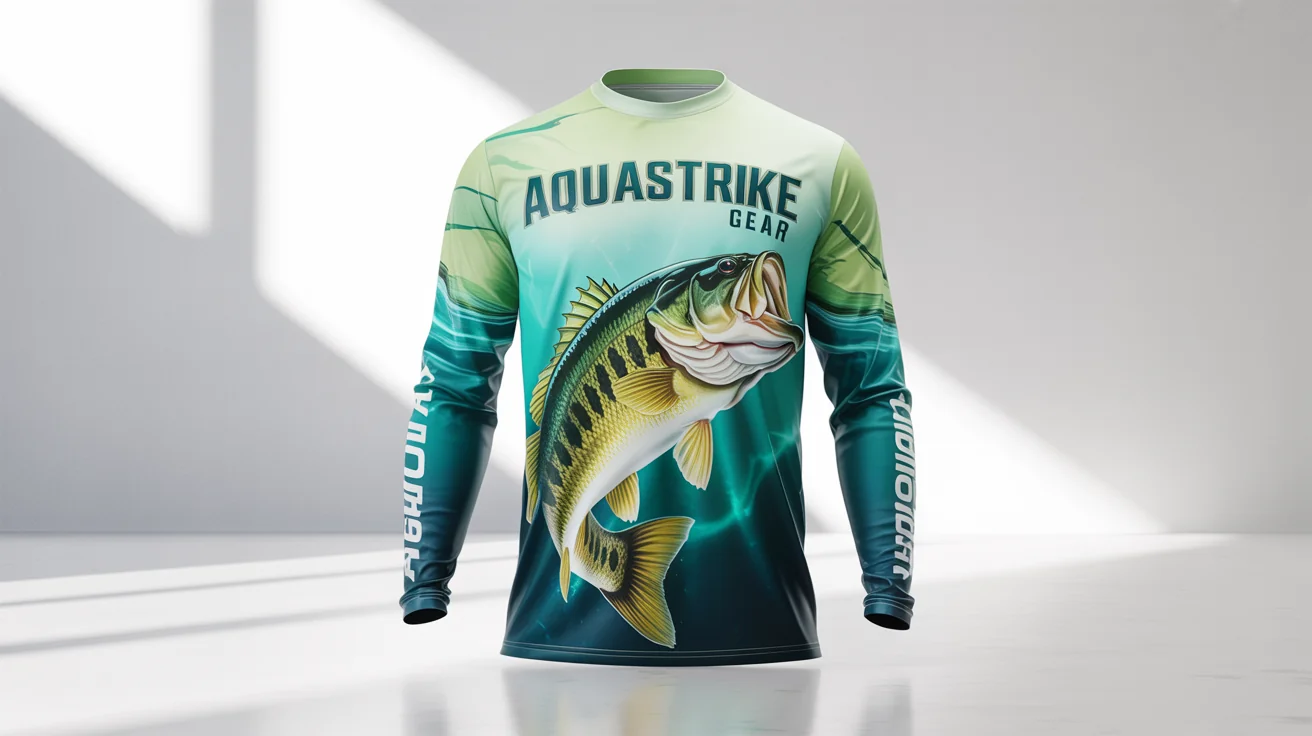 A mockup of a long-sleeved fishing jersey on a white background, featuring a colorful and detailed design of a bass jumping out of the water and the fictional brand name 'AquaStrike Gear' on the chest.