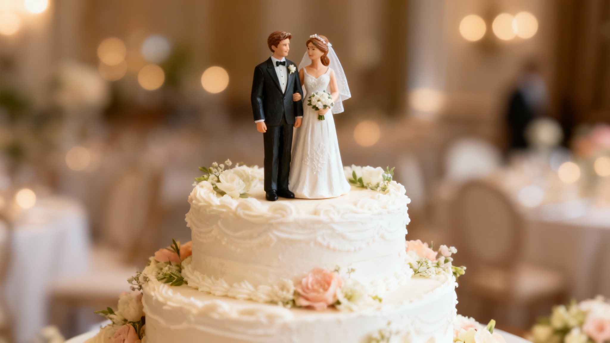 Close-up of an elegant wedding cake featuring a custom topper of a bride and groom smiling, set against a romantic, softly lit reception background.