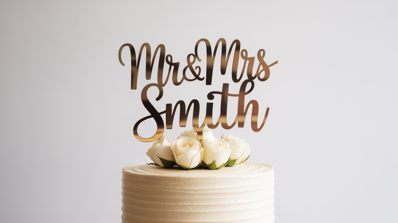 An elegant gold wedding cake topper reading 'Mr & Mrs Smith' in script, placed on a simple white wedding cake against a clean white background.