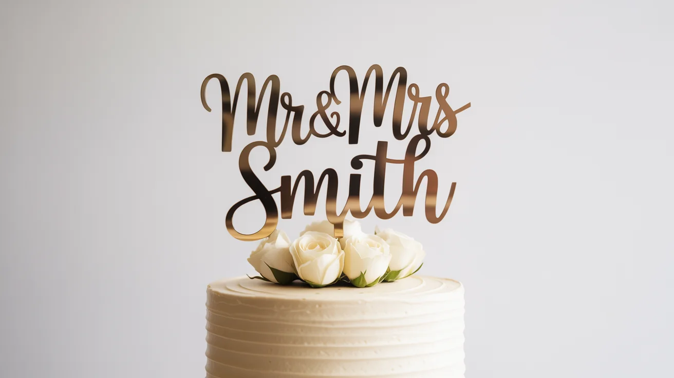 An elegant gold wedding cake topper reading 'Mr & Mrs Smith' in script, placed on a simple white wedding cake against a clean white background.