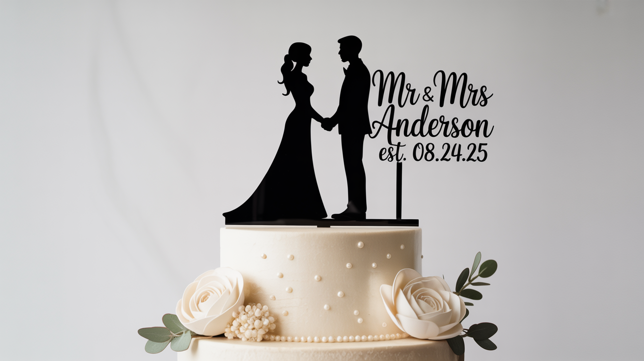 A custom black acrylic wedding cake topper with silhouettes of a bride and groom and the text 'Mr & Mrs Anderson' sits on a white wedding cake against a clean white background.