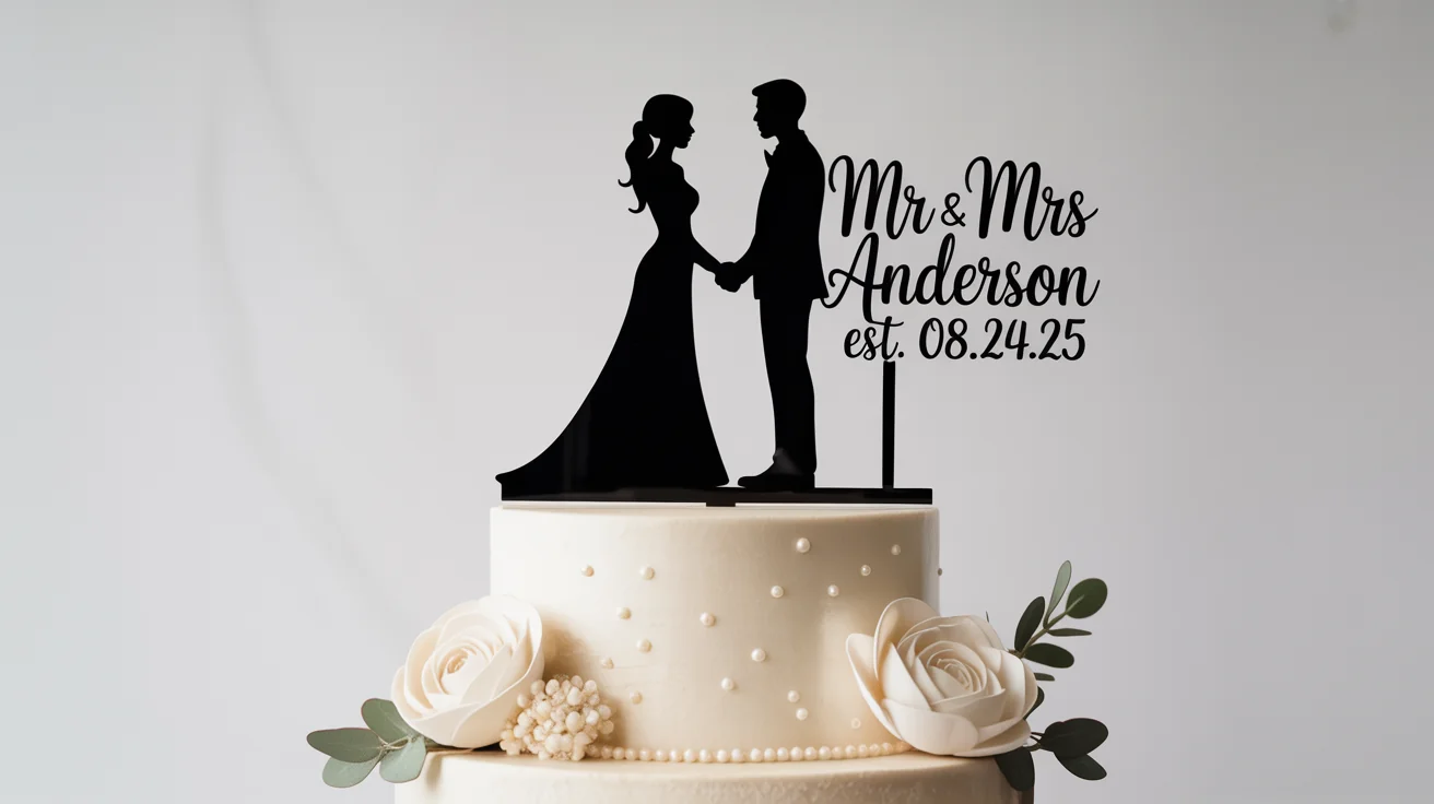 A custom black acrylic wedding cake topper with silhouettes of a bride and groom and the text 'Mr & Mrs Anderson' sits on a white wedding cake against a clean white background.