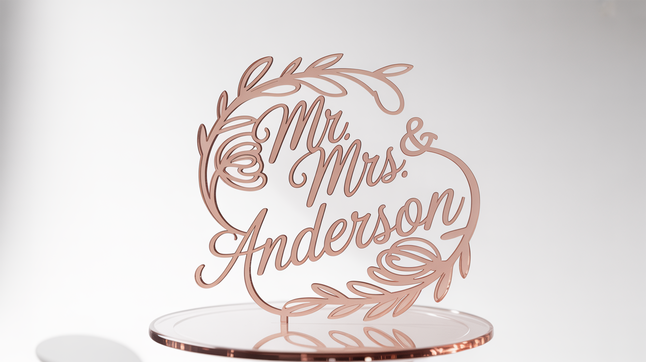 A photorealistic mockup of a custom wedding cake topper in shimmering rose gold, with the text 'Mr. & Mrs. Anderson' in a script font, set against a plain white background.