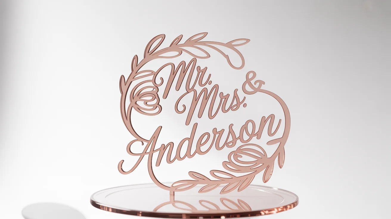 A photorealistic mockup of a custom wedding cake topper in shimmering rose gold, with the text 'Mr. & Mrs. Anderson' in a script font, set against a plain white background.