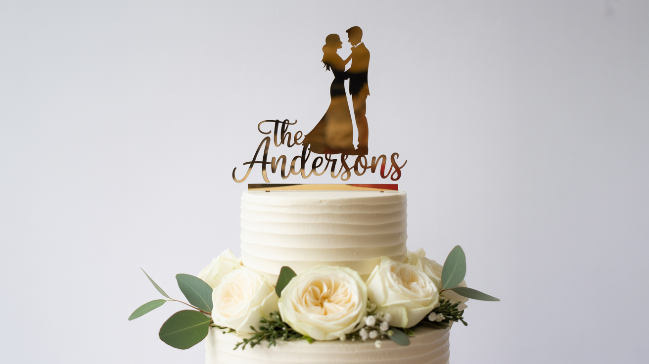 A close-up of a custom gold wedding cake topper featuring a dancing couple and the name 'The Andersons', set on a pristine white wedding cake.